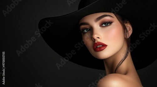 Elegant Woman in a Black Hat with Red Lips