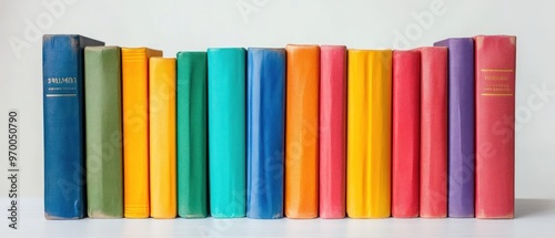 Row of Colorful Hardback Books on a White Shelf