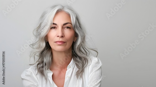 White caucasian mature woman portrait with silver hair