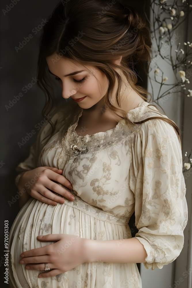 Fototapeta premium a woman gently touches her pregnant belly, an elegant, vintage-inspired dress, peaceful, softly lit, serene and intimate atmosphere. warmth and calmness of the moment