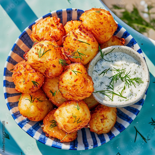 A plate of small golden fried fritters with white dill tartar sauce on the side, in a blue and white striped ceramic dish photo