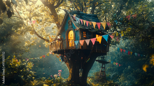 A whimsical treehouse with colorful flags and banners hanging from the branches set in a vibrant enchanted forest. photo