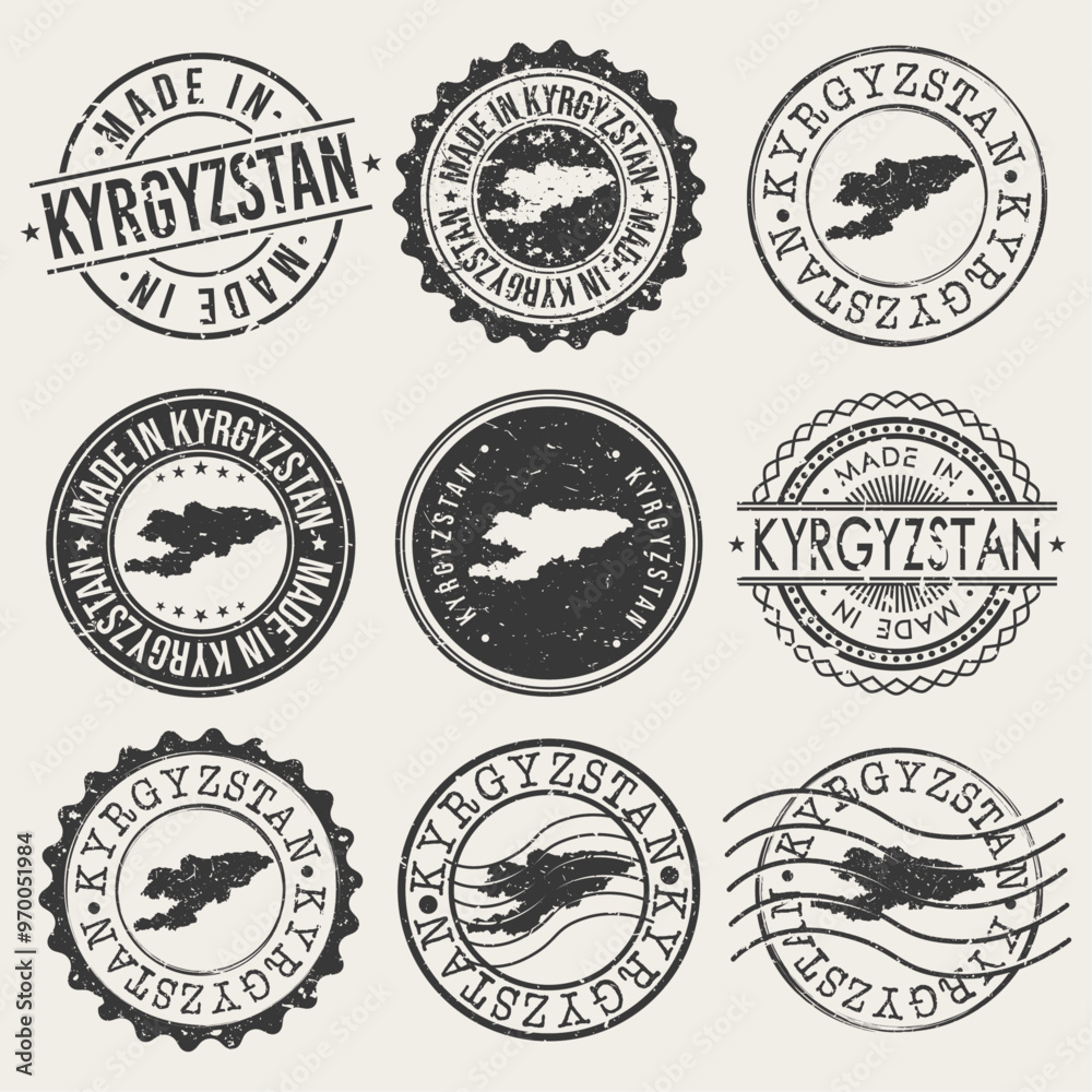 Obraz premium Kyrgyzstan Set of Stamps. Travel Stamp. Made In Product. Design Seals Old Style Insignia. 