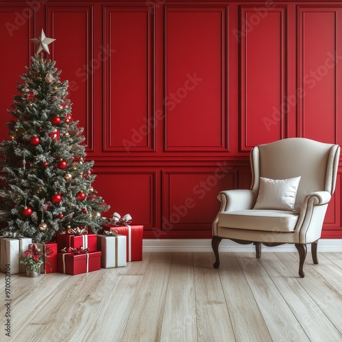 Christmas Interior Background, Red Wall, Decorated Xmas Tree, Gifts, Armchair. Holiday Mockup