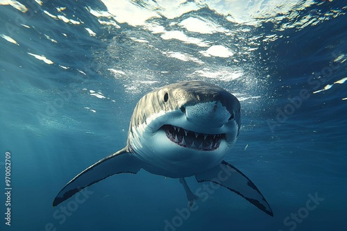 Close-up of a great white shark swimming in the ocean