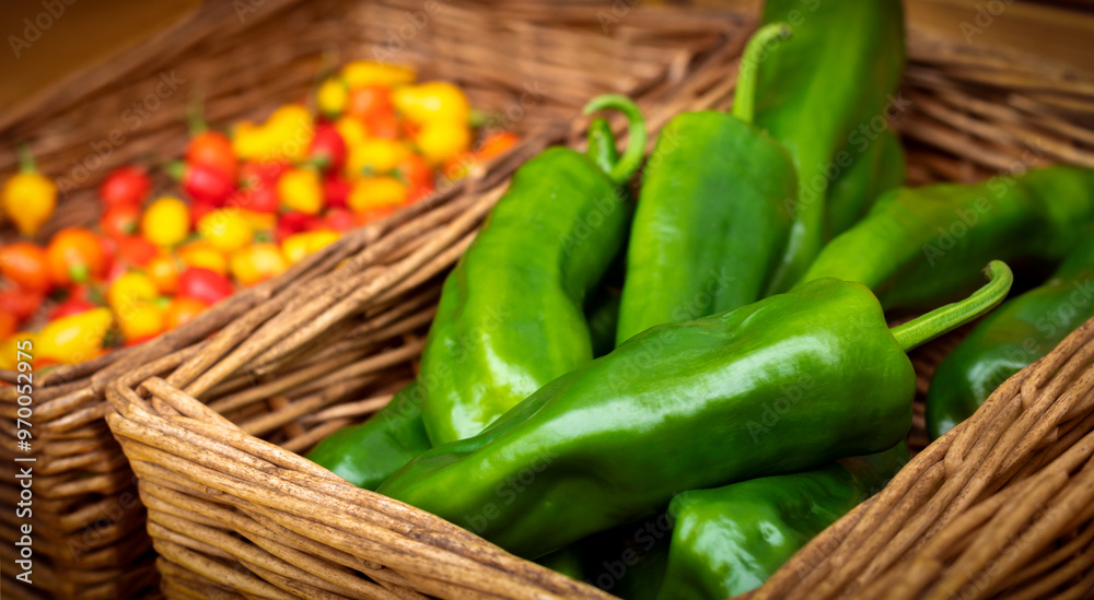 Spicy peppers - Anaheim peppers (a mild Californian chili pepper measuring 500-2,500 Scoville heat units) next to biquinho peppers in traditional wicker harvesting baskets. Spicy peppers - Anaheim peppers (a mild Californian chili pepper measuring 500-2,500 Scoville heat units) next to biquinho peppers in traditional wicker harvesting baskets.