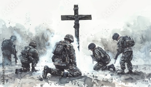 Soldier kneeling by a cross with fellow soldiers in the background in a watercolor painting
