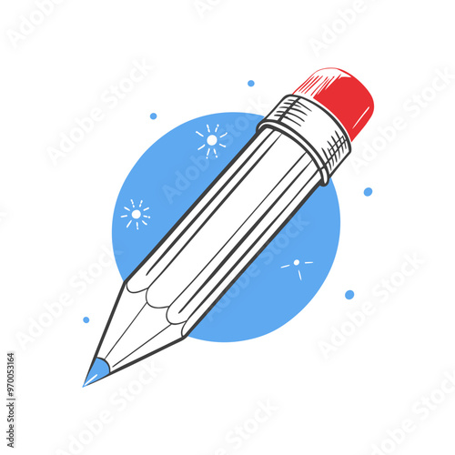 Colorful pencil drawing with a blue background and red eraser for creative design concepts