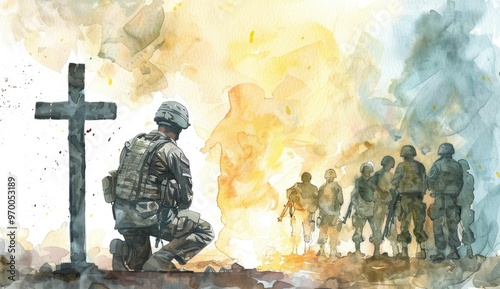 Watercolor soldiers kneeling by a cross in a memorial scene
