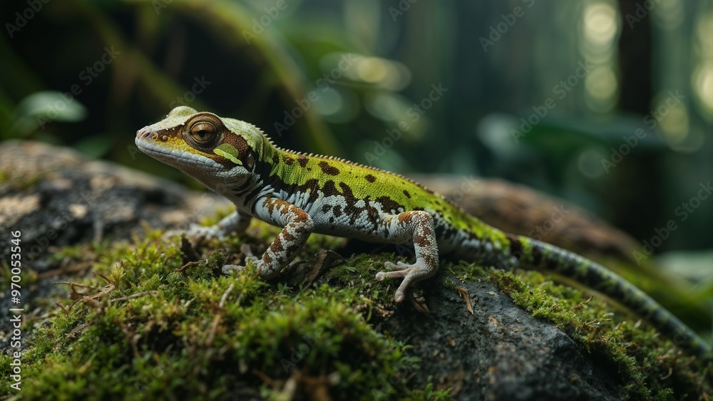 Colorful gecko resting on a mossy rock in a lush rainforest environment