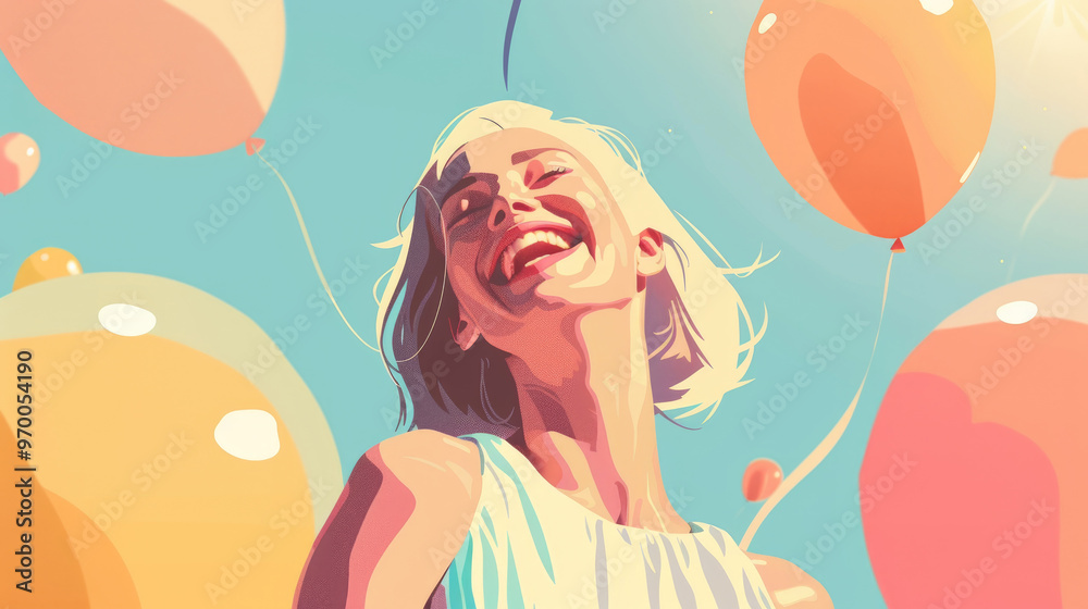 A woman with a bright smile celebrates outdoors on a sunny day with vibrant balloons floating around her, radiating happiness A woman with a bright smile celebrates outdoors on a sunny day with vibrant balloons floating around her, radiating happiness