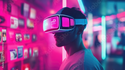 Person wearing VR headset with holographic products for Cyber Monday shopping experience