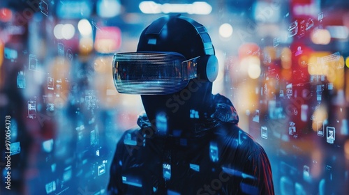 Person wearing VR headset with holographic products for Cyber Monday shopping experience