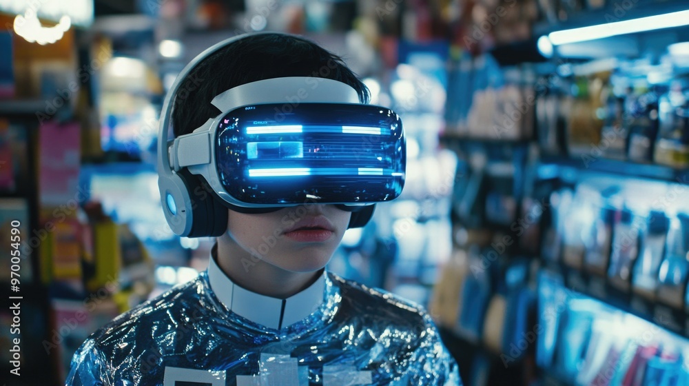 Person wearing VR headset with holographic products for Cyber Monday shopping experience Person wearing VR headset with holographic products for Cyber Monday shopping experience
