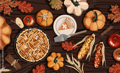 Thanksgiving Day table, dinner concept. Autumn leaves, pumpkin pie, apples and plates on the wooden background. Vector illustration for postcard, banner, card, poster, background.