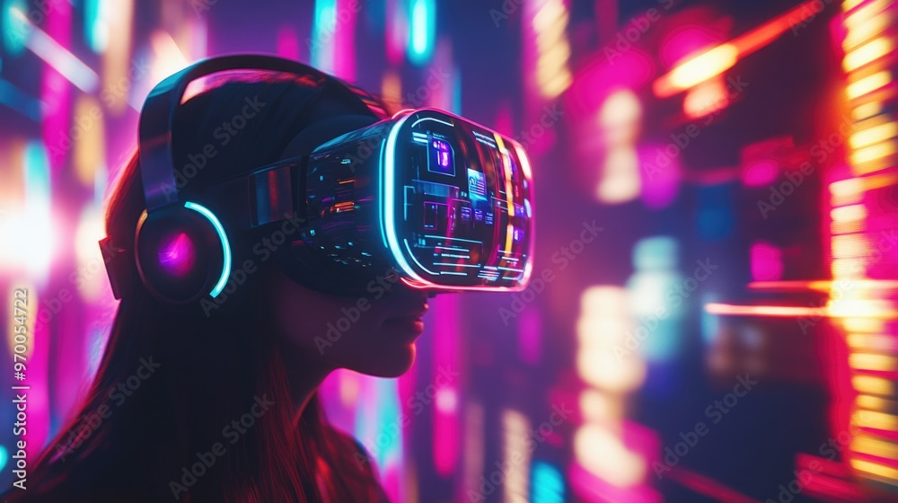 Person wearing VR headset with holographic products for Cyber Monday shopping experience Person wearing VR headset with holographic products for Cyber Monday shopping experience