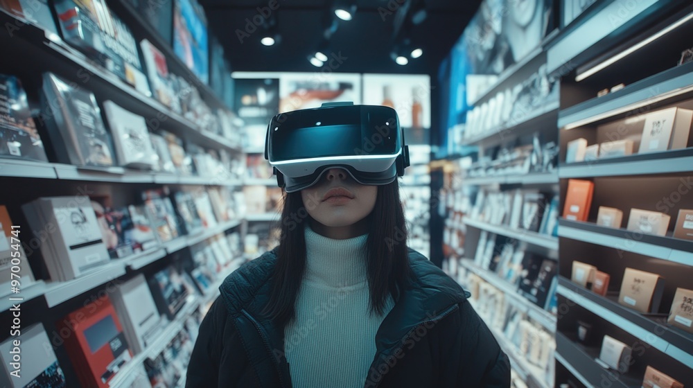 Person wearing VR headset with holographic products for Cyber Monday shopping experience Person wearing VR headset with holographic products for Cyber Monday shopping experience