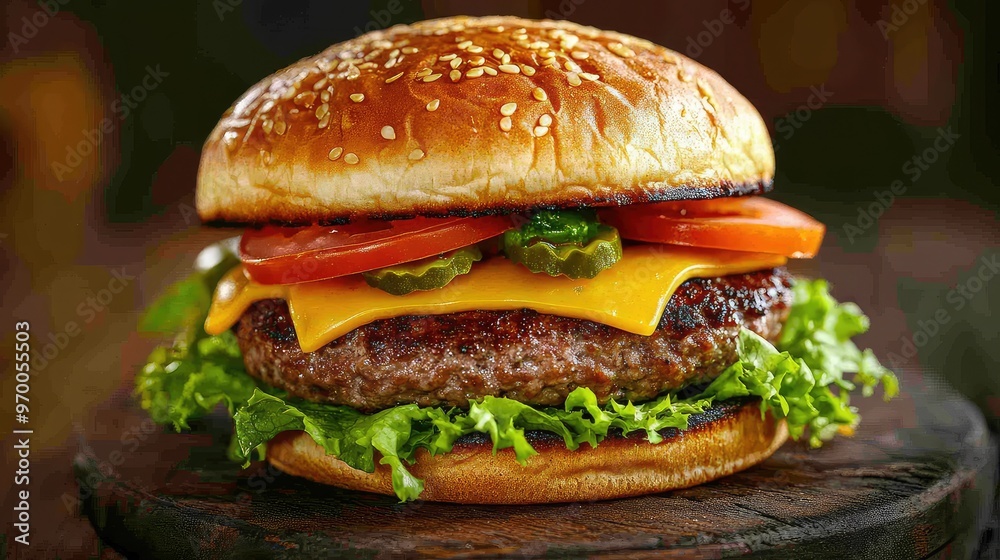 Delicious Hamburger with Juicy Patty, Melted Cheese, Fresh Lettuce, and Ripe Tomato - Ideal for Food Lovers and Culinary Design Projects