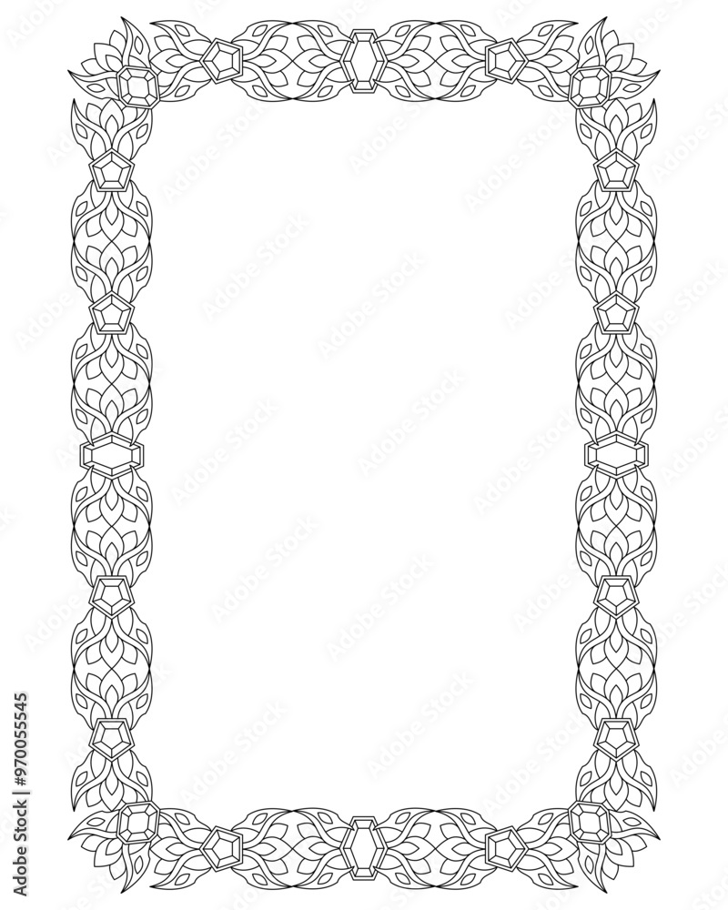 Vetor de Rectangular frame with gems and plants - vector linear drawing ...