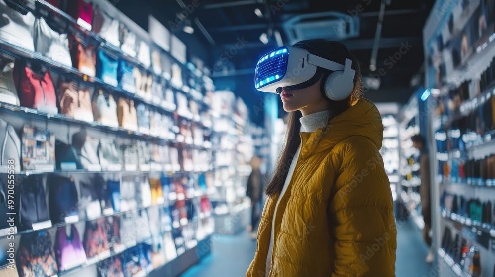 Person wearing VR headset with holographic products for Cyber Monday shopping experience Person wearing VR headset with holographic products for Cyber Monday shopping experience