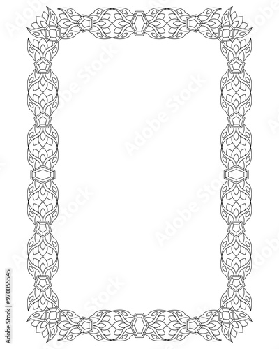 Rectangular frame with gems and plants - vector linear drawing for coloring in a magical, elven style. Outline. Frame for creating ornaments, template for creativity.