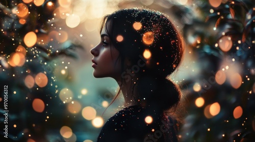 Woman with Glitter in Her Hair Stands in Front of a Blurred Background of Lights