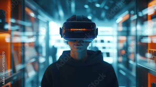 Wallpaper Mural Person wearing VR headset with holographic products for Cyber Monday shopping experience Torontodigital.ca