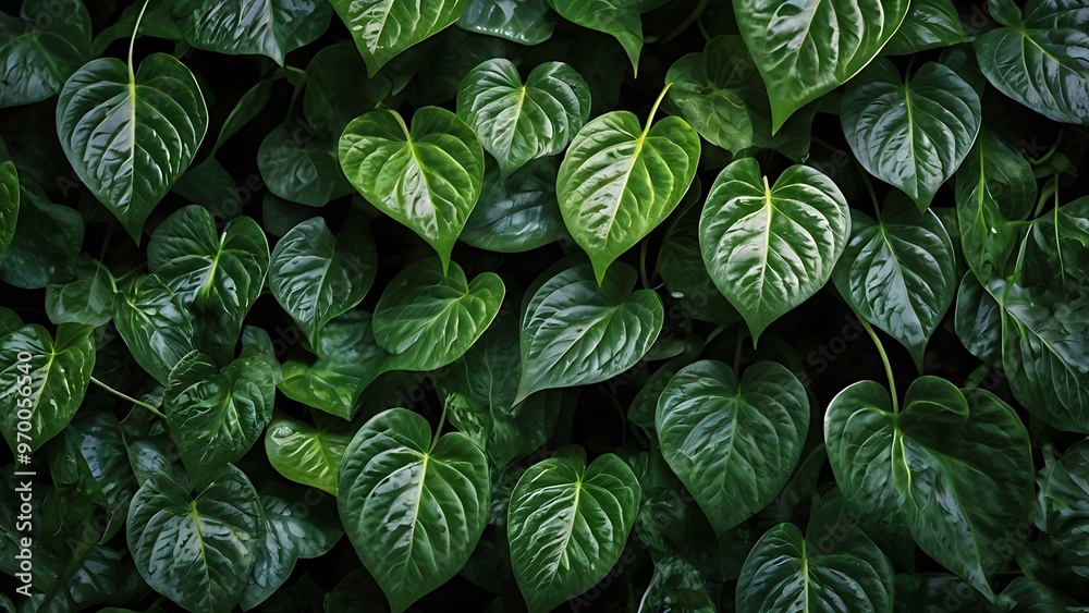 close up landscape view of dark green leaves stacked together, full green background