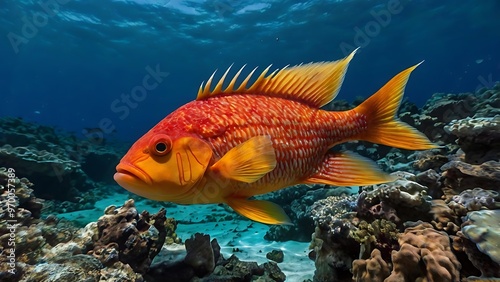 Abstract landscape of a big red fish in aquarium with rocks at bottom and sunshine at top 