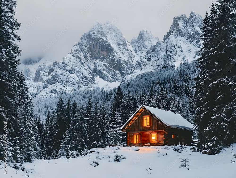 A serene stock photo of a cozy cabin nestled in a remote mountain range, surrounded by tall pine trees and snow-covered peaks. A serene stock photo of a cozy cabin nestled in a remote mountain range, surrounded by tall pine trees and snow-covered peaks.