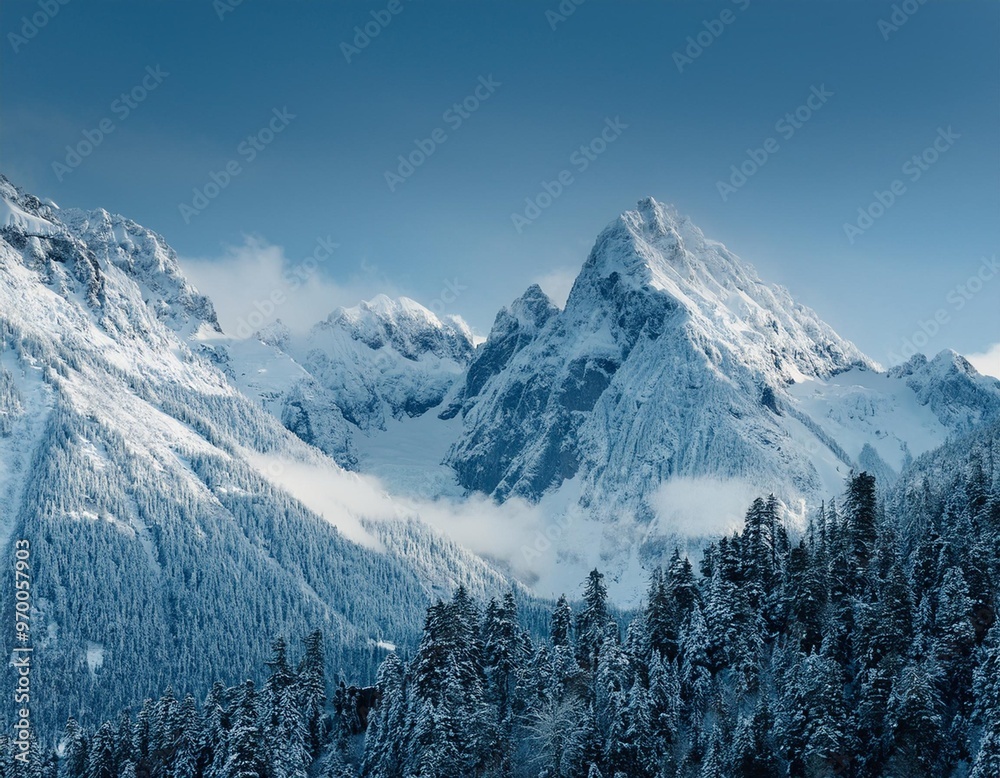 Snow-capped peaks with a dense forest at the base, showcasing the beauty of winter Snow-capped peaks with a dense forest at the base, showcasing the beauty of winter