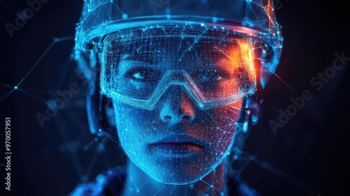 Portrait of a Worker in Safety Gear with Digital Elements - Representing Innovation and Technological Advancements in Modern Construction and Engineering Industries photo