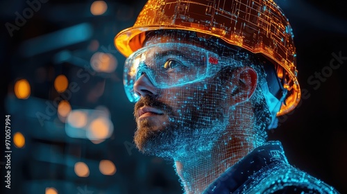 Portrait of a Worker in Safety Gear with Digital Elements - Representing Innovation and Technological Advancements in Modern Construction and Engineering Industries photo