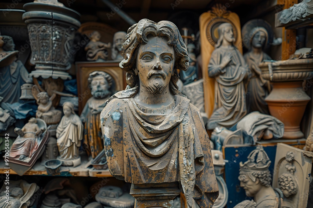 A Collection of Antique Sculptures and Statues in a Workshop A Collection of Antique Sculptures and Statues in a Workshop