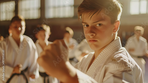 Concentrated teenager in a white kimono practicing punches in the gym during a group martial arts workout. Shadow fight, combat sports training concept.