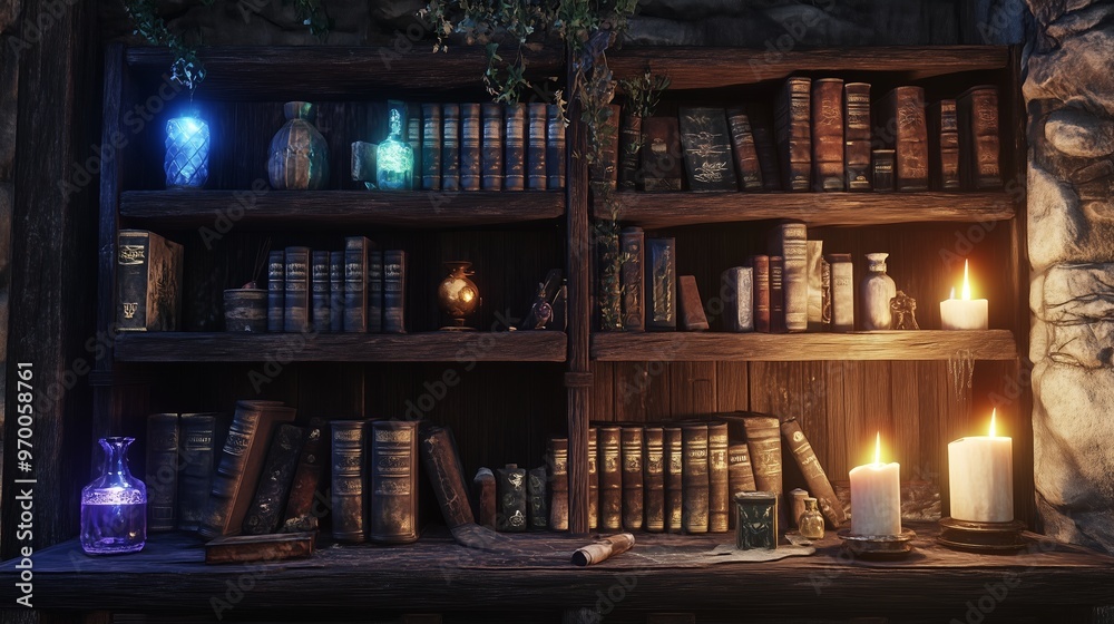 A mystical bookshelf adorned with candles and potions in a cozy, dimly lit room A mystical bookshelf adorned with candles and potions in a cozy, dimly lit room