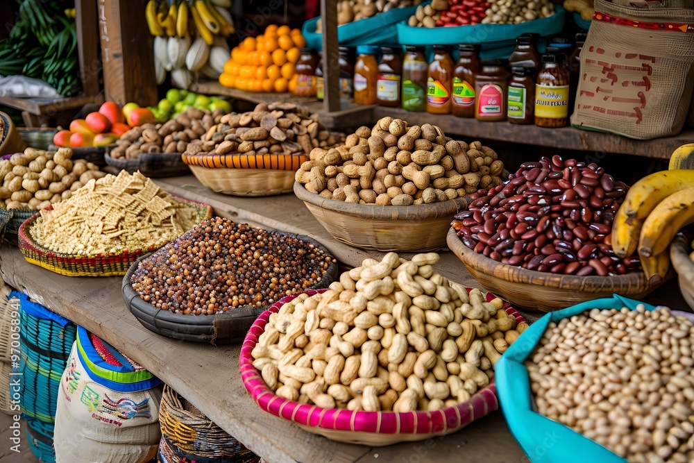 Vibrant Market Display of Nuts and Dried Fruits in Colorful Baskets