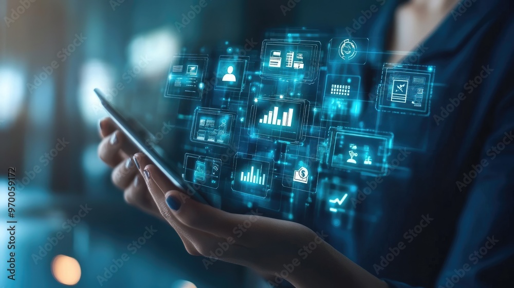 Fototapeta premium Woman holding phone with glowing digital data.