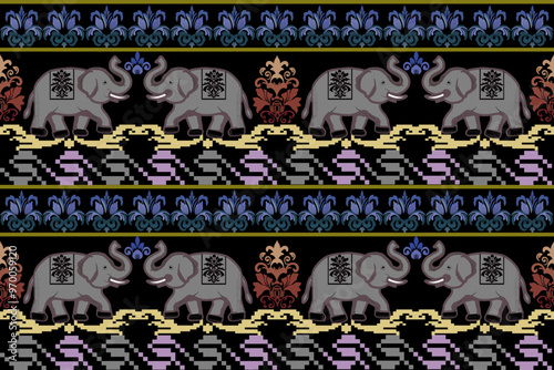 Elephant fabric pattern. Seamless damask geometric pattern on black background. Illustration, vector, bag, pants, shirt.