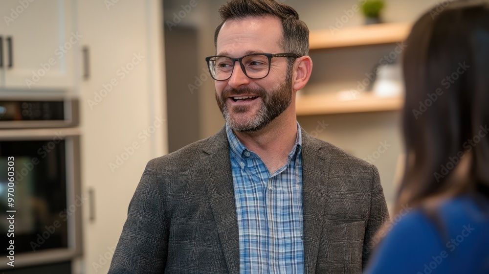 Smiling Man in Glasses and Suit Jacket Talking to a Woman Smiling Man in Glasses and Suit Jacket Talking to a Woman
