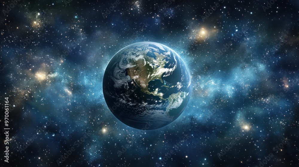 Fototapeta premium Earth in the Vastness of Space with Visible Stars and Galaxies