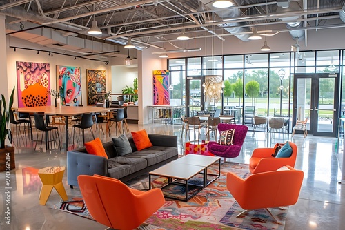 Sleek co working space with modular furniture, bold colors, and dynamic artwork. Open layout with lots of natural light and collaborative areas.