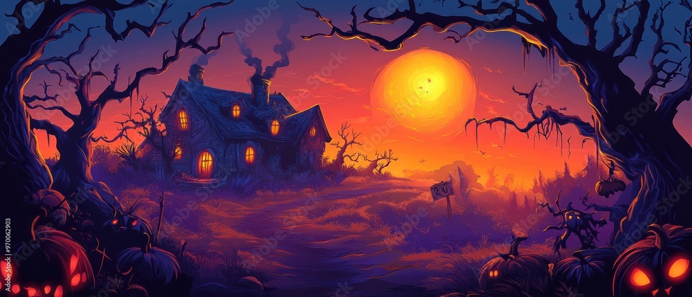 A Haunted House and Jack-o-Lanterns on a Halloween Night A Haunted House and Jack-o-Lanterns on a Halloween Night