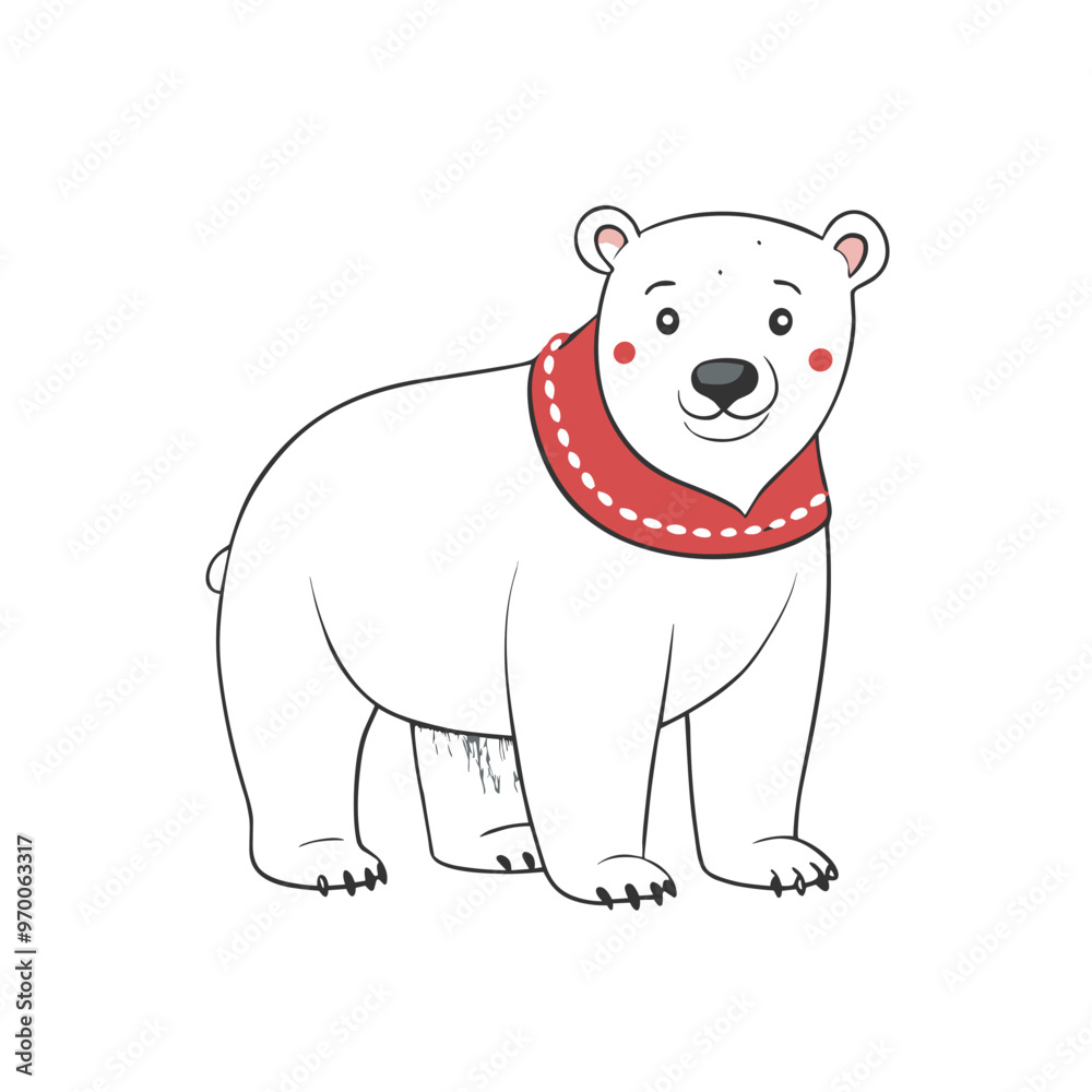 Naklejka premium Cute polar bear character wearing a red scarf on a white background for children's design concepts