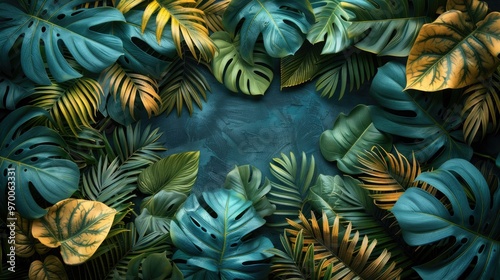 Green monstera and palm leaves tropical background with copy space, trendy summer jungle style floral colorful pattern background, colors botanical tropical leaves ,sun light and shadows.