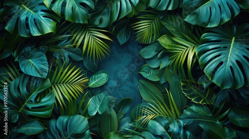 Wallpaper Mural Green monstera and palm leaves tropical background with copy space, trendy summer jungle style floral colorful pattern background, colors botanical tropical leaves ,sun light and shadows. Torontodigital.ca