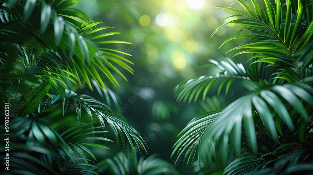 Obraz premium Colorful green tropical palm leaves with copy pace, trendy summer jungle style floral green pattern background, colors botanical tropical leaves ,sun light and shadows.