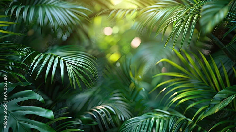 Colorful green tropical palm leaves with copy pace, trendy summer jungle style floral green pattern background, colors botanical tropical leaves ,sun light and shadows.