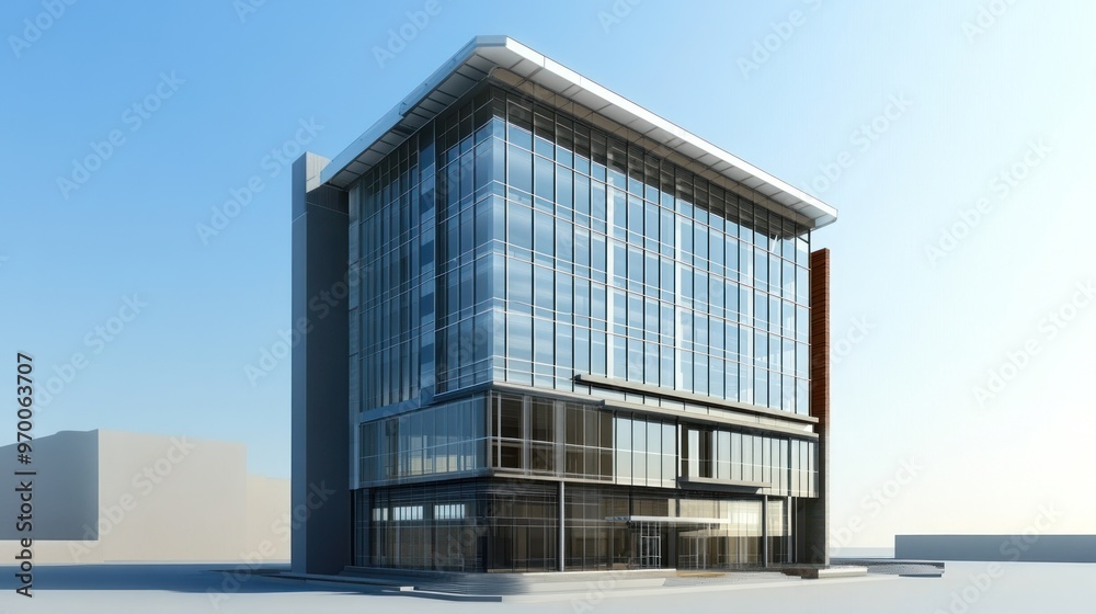 Fototapeta premium Modern Glass Facade Office Building with a Blue Sky Background
