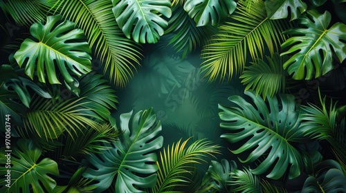 Green monstera leaves tropical background with copy space, trendy summer jungle style floral colorful pattern background, colors botanical tropical leaves ,sun light and shadows.